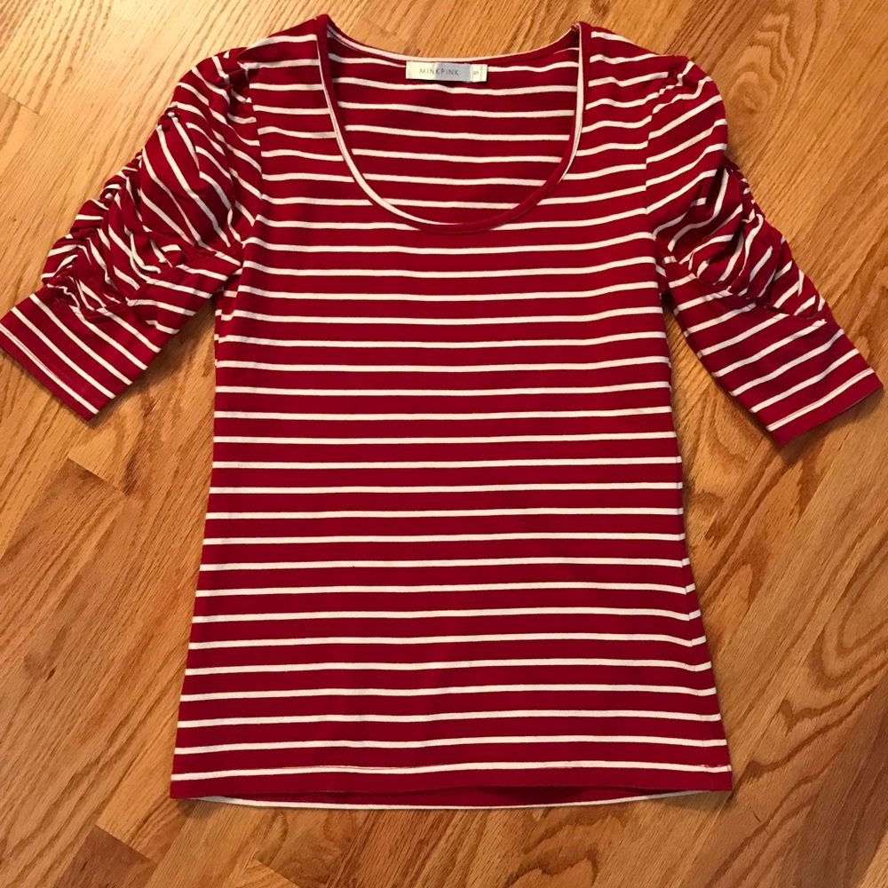Mink Pink Striped T Shirt with Gathered Sleeve